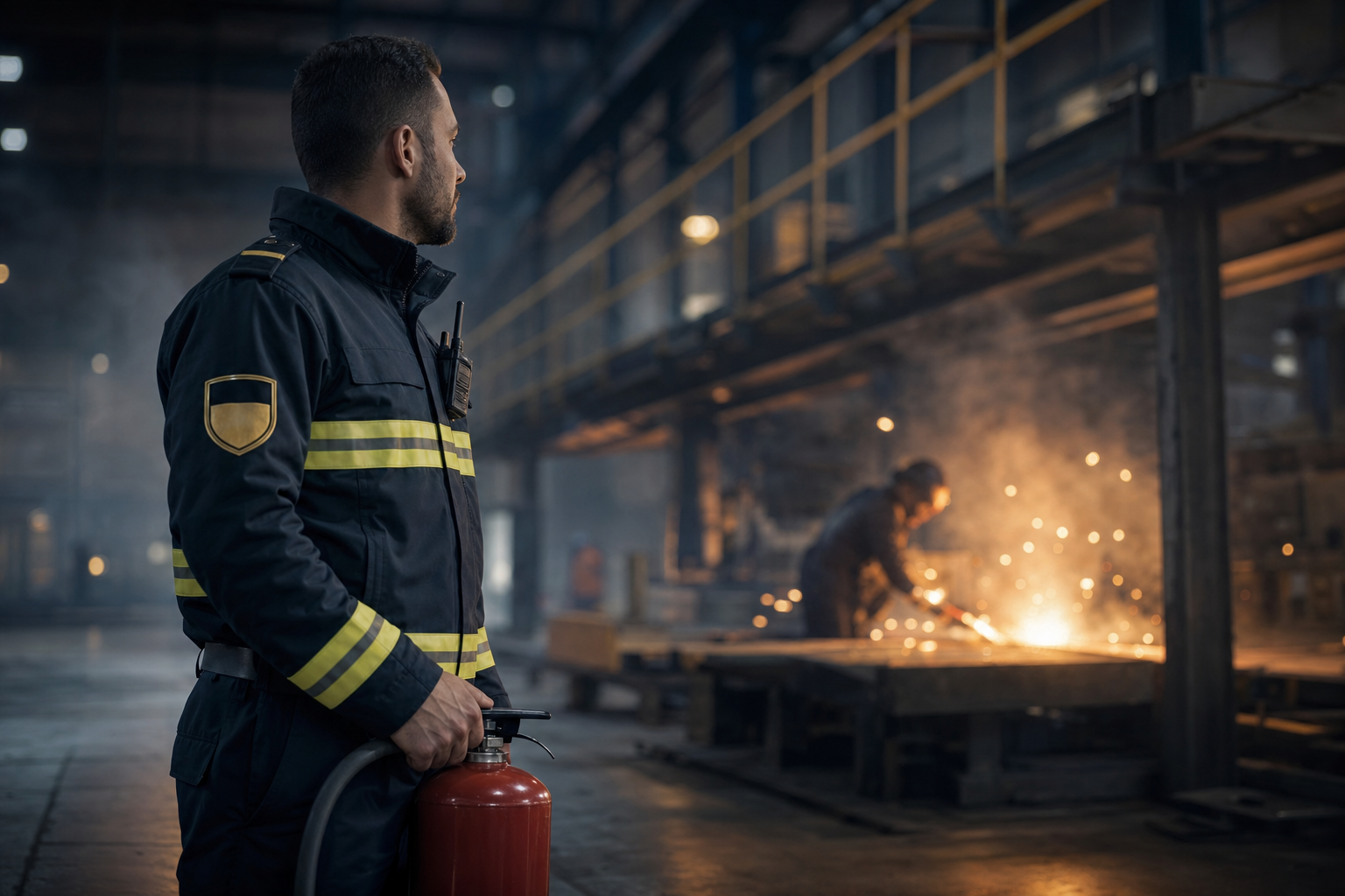 Brandwache mit Feuerlöscher überwacht Schweißarbeiten in einer Industriehalle