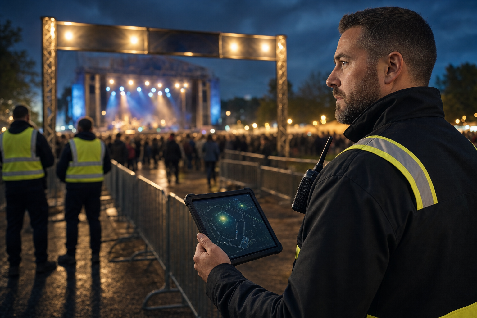 Ordnungsdienstleiter prüft das Sicherheitskonzept einer Open-Air-Veranstaltung am Einlassbereich