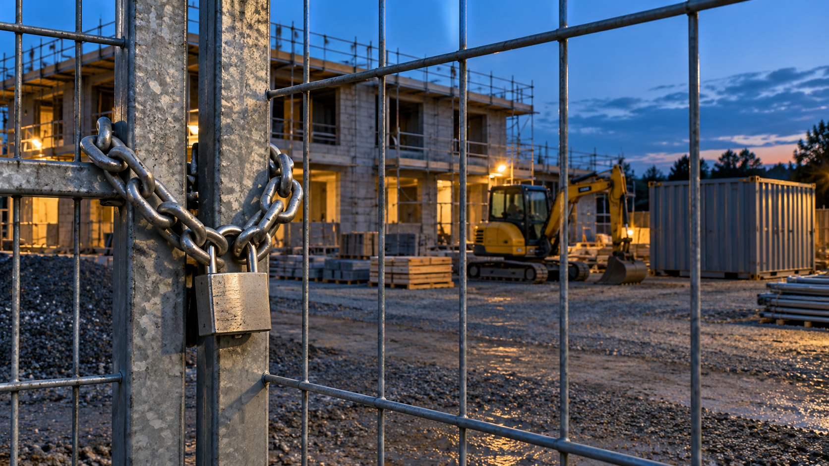 Mit Kette und Vorhängeschloss gesichertes Baustellentor, dahinter Bagger und Materialcontainer in der Abenddämmerung